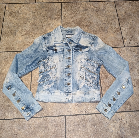 DiShe Blinged, Studded, Distressed Italian Made Jean Jacket Cropped - Picture 1 of 10